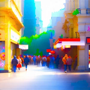 Urban Watercolor Painting: Urban shopping district scene