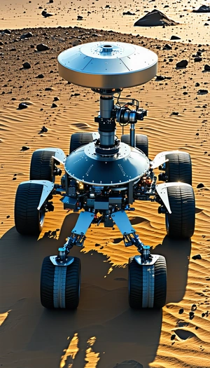 A Large Robotic Vehicle With A Satellite Dish On Top, Driving Across A Sandy Terrain