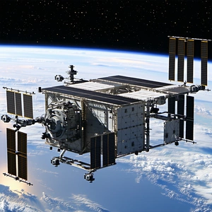 A Space Shuttle With A Large Satellite On Top Of It