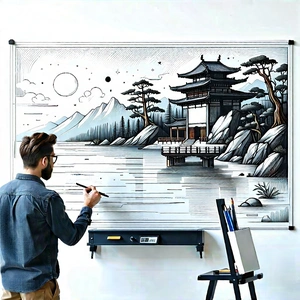 Business Linocut Print: Creative professional using digital whiteboard