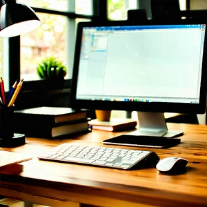 Business Woodcut Print: Workplace with digital devices on desk
