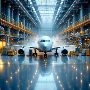 Aerospace Technology In Manufacturing Facility With Large Airplane