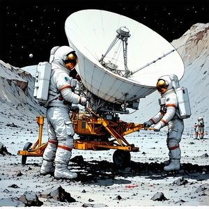 In The Image, There Are Two Astronauts Standing On The Moon, Working On A Large Satellite Dish