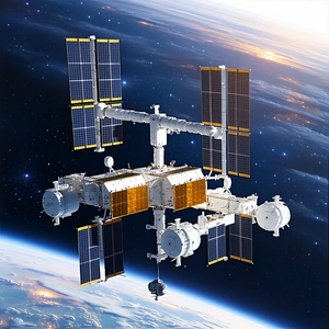 A Large Spacecraft Is Shown In A Close-up View, With Its Various Components Clearly Visible