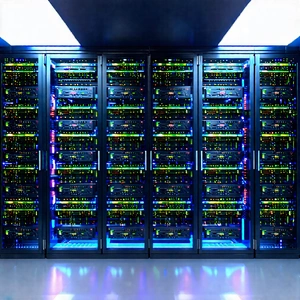 Tech Voxel Art: Server Rack With Data Streams With Large Computer