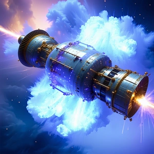 A Blue Spaceship Is Flying Through The Sky, Surrounded By A Cloud Of Blue Light