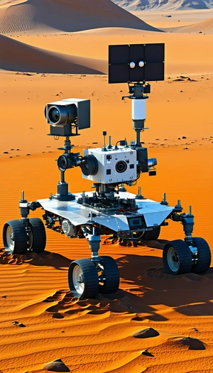 A White Robotic Vehicle With A Camera Mounted On Top Of It