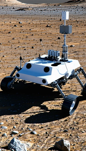 A White Robot Is Sitting On A Dirt Ground, With A Rocky Surface