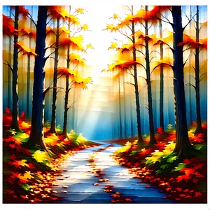 Nature Ink Drawing: Path Through Autumn Woodland With Beautiful Forest