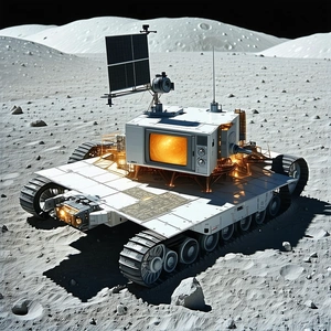 A White Vehicle With A Television On Top Is Parked On A Rocky Surface