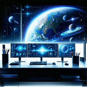 (futuristic:1.3) (digital:1.29) Workspace With Computer Desk