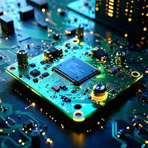 Tech Drone Photography: Circuit board with holographic projection