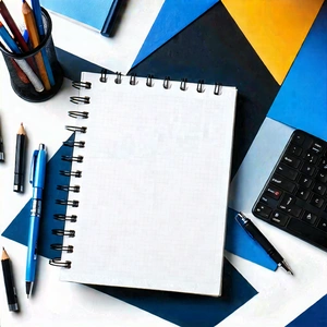 Business Geometric Design: Workplace With Notebooks And Pens On Desk With Desk Notebook
