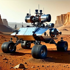 A Futuristic Vehicle Is Parked On A Dirt Road In A Desert-like Environment