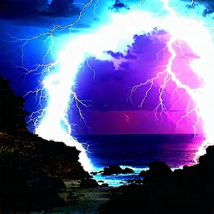 Nature Minimalist Design: Lightning Over Coastline With Beautiful Sunset