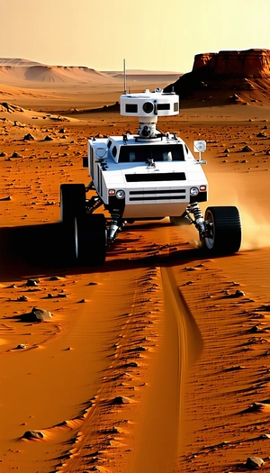 A White Vehicle Is Driving On A Dirt Road In A Desert-like Environment