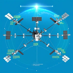 The Image Is A Blue And White Illustration Of A Space Station With A Large Central Hub