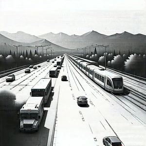 Urban Ink Drawing: Aerial View Of Transportation Hub With Train Traveling