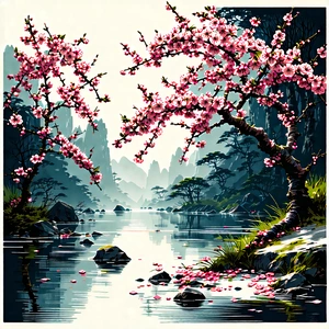 Nature Woodcut Print: Cherry Blossoms In Natural Setting With Serene Scene
