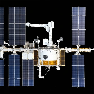 A Large Space Station With A White And Blue Color Scheme