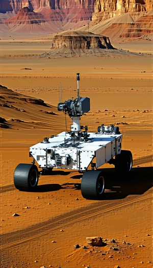 A White Robotic Vehicle With A Large Antenna On Top, Driving Across A Dirt Road