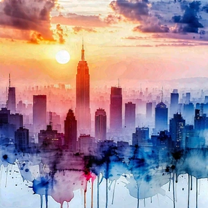 Urban Watercolor Painting: Cityscape Of Urban Skyline During Sunset With Painting City