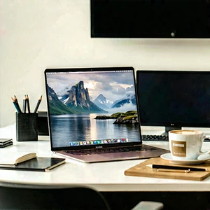 Business Matte Painting: Workplace With Laptop And Coffee On Desk With Desk Laptop