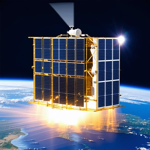 A Small Spacecraft, Possibly A Satellite, Flying Through The Sky