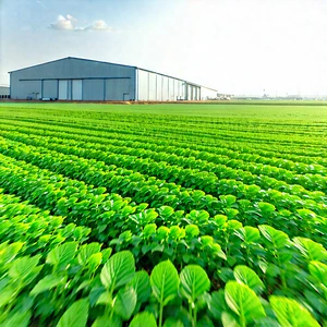 Tech Tilt-shift Photography: Agricultural Technology In Manufacturing Facility With Large Field