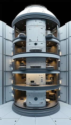 In The Image, There Is A Large, Multi-level Building With A Spiral Staircase