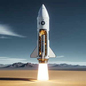 A Rocket Ship Taking Off From A Desert-like Terrain