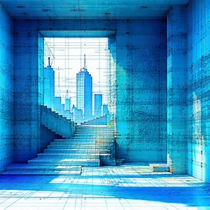 Urban Blueprint Style: Urban Street Art Viewing Scene With Blue Staircase