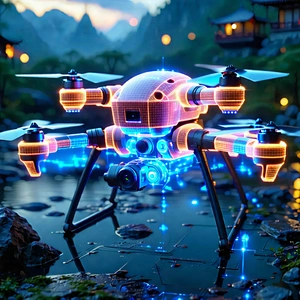 Tech Aerial Photography: Drone With Holographic Display With Futuristic Drone
