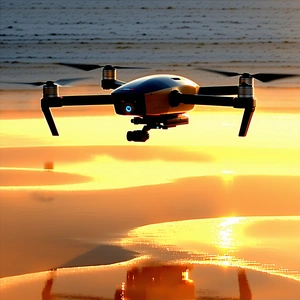 A Drone Flying Over A Beach At Sunset