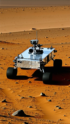 A Robotic Vehicle Is Sitting On A Dirt Surface, Possibly A Desert