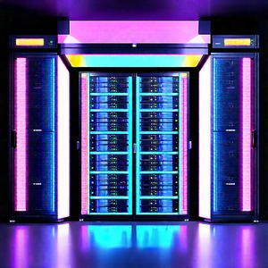 Server Rack With Neon Accents With Large Computer