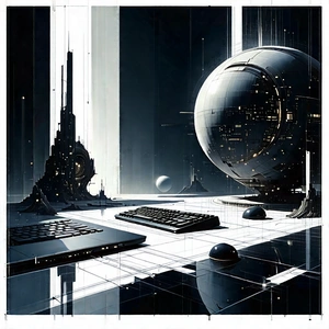 Tech Etching: (futuristic:1.11) Digital Workspace With Futuristic Scene,