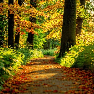 Nature Landscape Photography: Path Through Autumn Woodland With Beautiful Forest