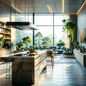 Lifestyle Aerial Photography: (modern:1.5) Kitchen With Comfortable Textiles With Showcases Large,