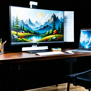 Business Oil Painting: Tech Professional Using Multiple Monitors With Large Computer