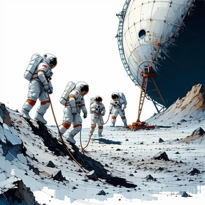 In The Image, A Group Of Six Astronauts Is Walking On A Rocky Surface, Possibly On The Moon