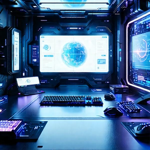 (futuristic:1.35) (digital:1.22) Workspace With Image, There
