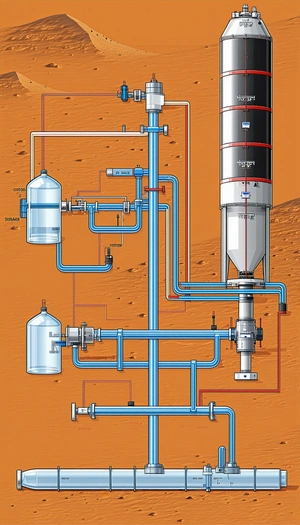 The Image Is A Detailed Drawing Of A Water Processing Plant, Likely Located On A Distant Planet