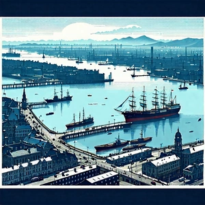 Urban Linocut Print: Aerial View Of Harbor District With Large Sailing