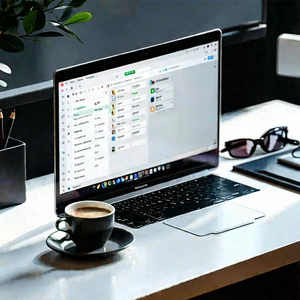 Business Isometric Design: Workplace With Laptop And Coffee On Desk With Laptop Computer