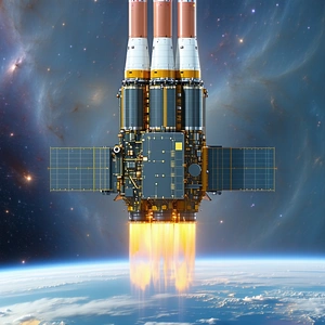 A Space Shuttle With A Rocket Booster Attached To Its Side, Flying Through The Sky