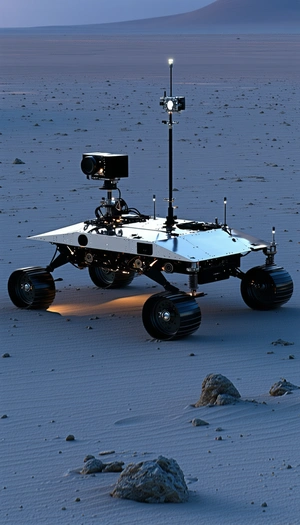 A Robotic Vehicle Is Sitting On A Sandy Surface, Possibly A Beach