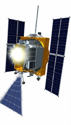 A Spacecraft Is Shown In A Close-up View, With Its Solar Panels And Other Components Clearly Visible