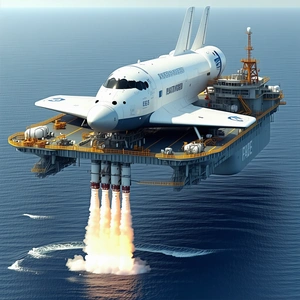 A Large White Space Shuttle On A Platform In The Ocean