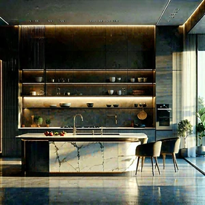 Lifestyle 3d Render: Modern Kitchen With Warm Lighting With Large, Modern